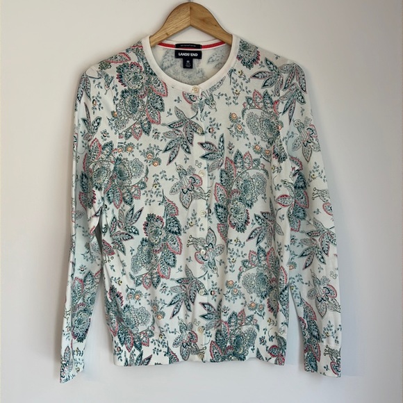 Lands' End Paisley Cardigan Button Down Cotton Crew Neck White Blue Green - Picture 1 of 14